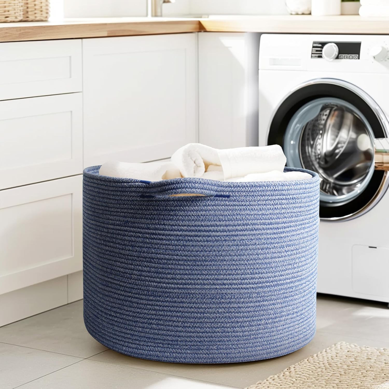 Extra Large Blue Baskets for Organizing, Blanket Storage for Living Room, Woven Laundry Storage Basket, Cotton Rope Bin for Toy, Cloth, Towel, Shoe, Pillow, Decorative Wicker Blue Room Decor