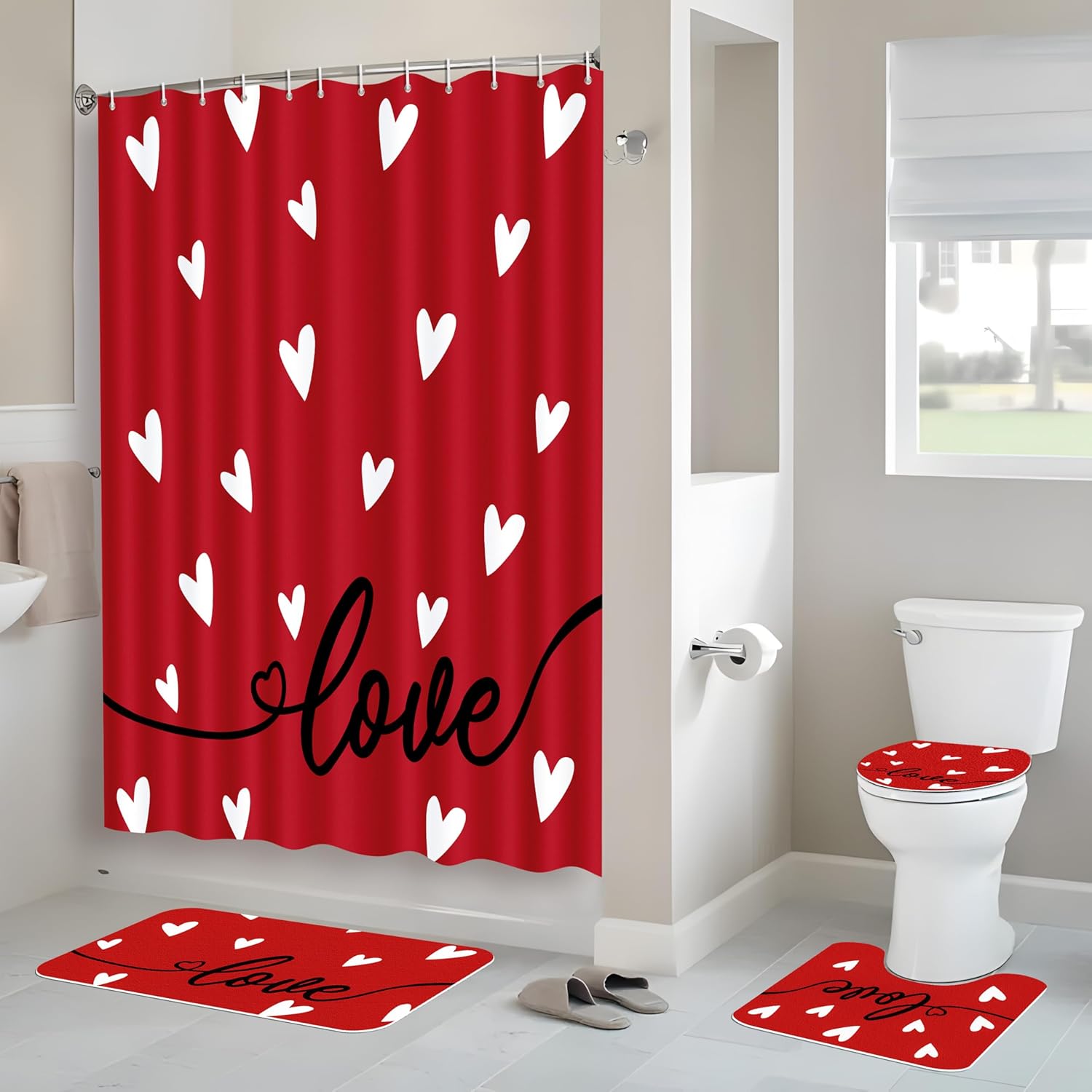 Tieshankao 4Pcs Valentines Shower Curtain Bathroom Set - Red Love Non Slip Rugs Toilet Lid Cover Bath Mat with 12 Hooks
