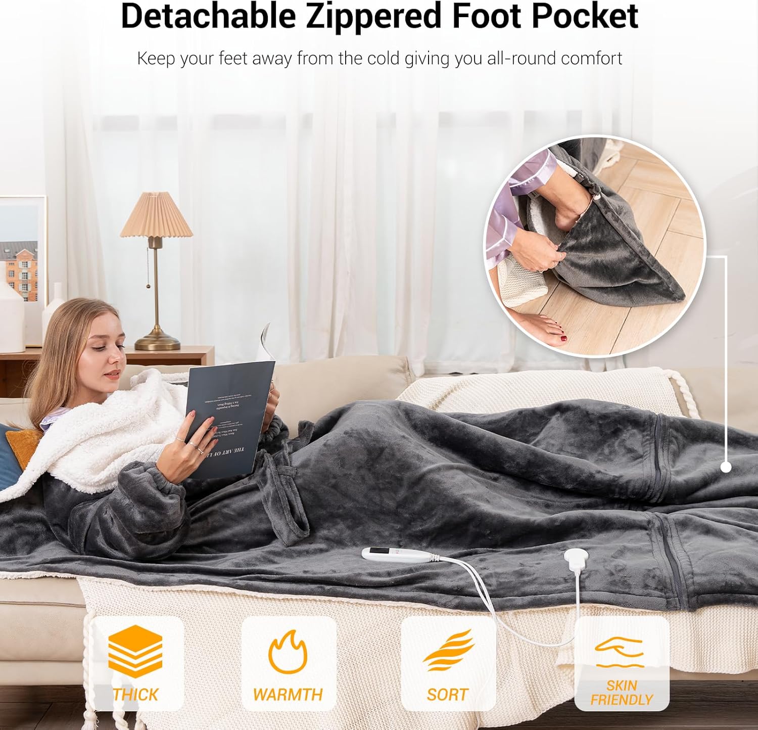 Wearable Heated Blanket for Women with Removable FootPocket,Electric Snuggle Heated Blankets Hoodie with Sleeves Heated Robe Flannel & Sherpa Heating Throw Blanket Shawl with 9 Temp for Winter 50"x80" - Image 2