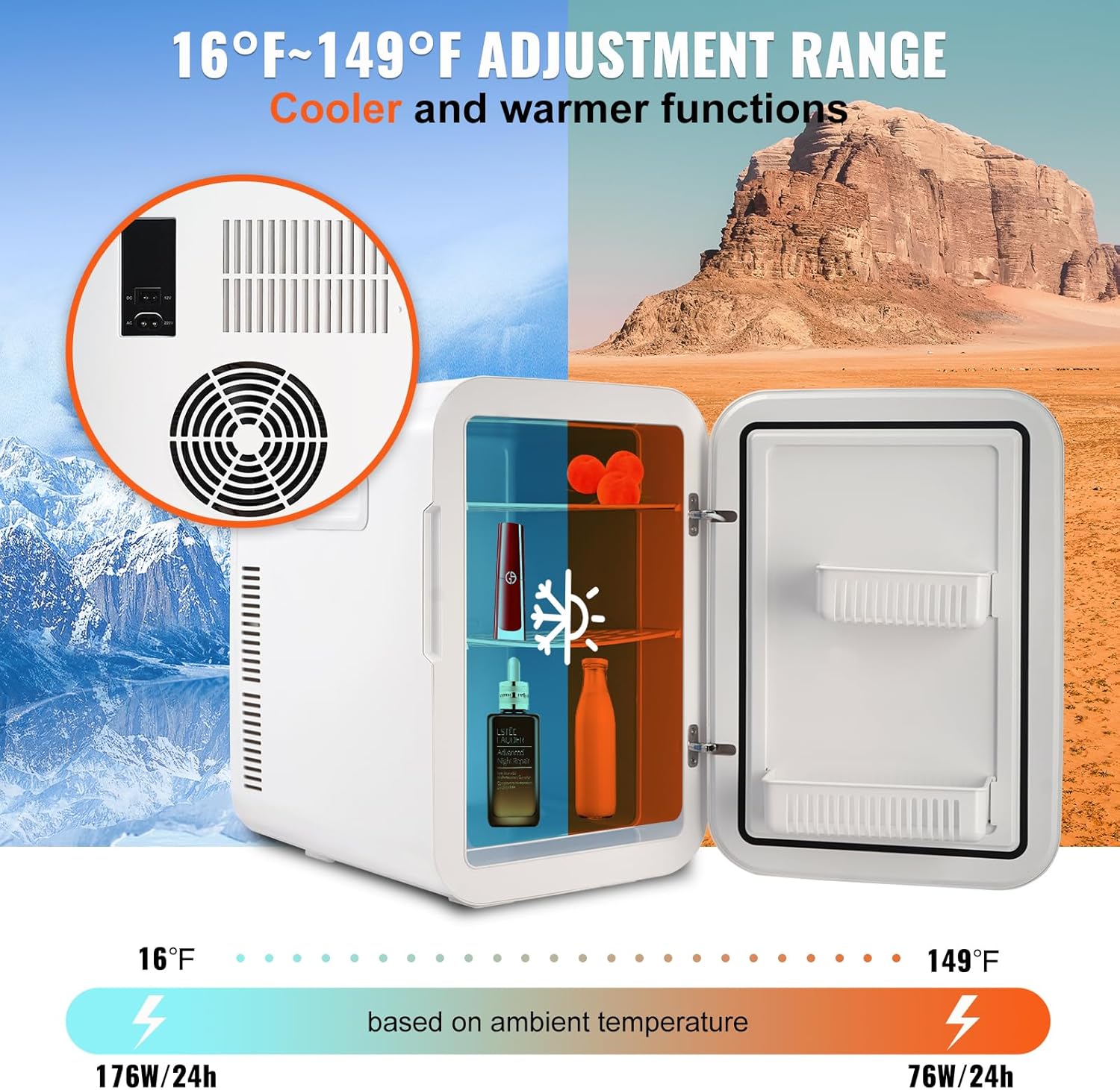 VEVOR Mini Fridge, 20L Skincare Fridges with Temper Control Touch Screen, Portable Small Beverage Refrigerator for Bedroom Office Car Dorm, AC/DC Cool Warmer for Cosmetic Drink Milk, White