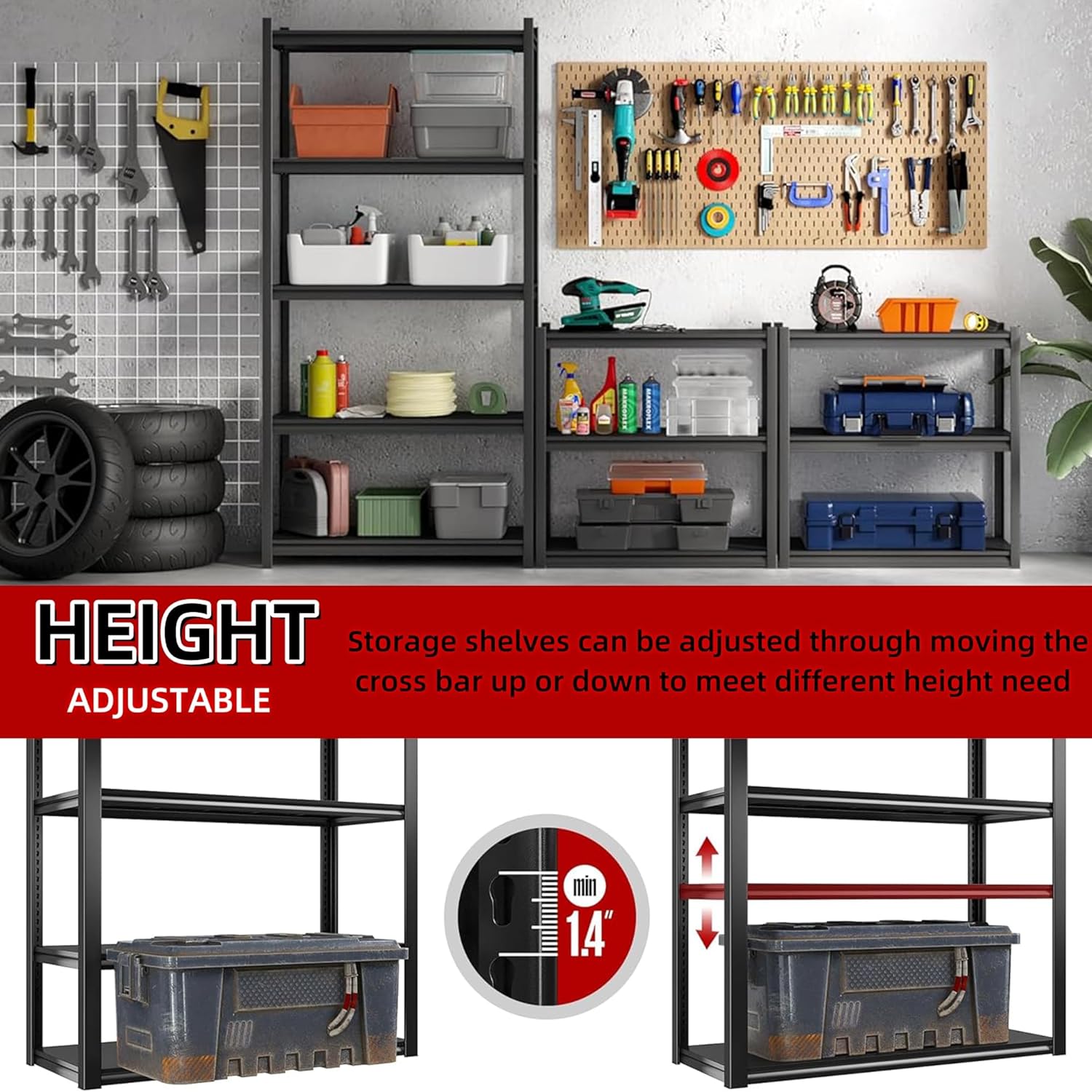 72" H Garage Storage Shelves Heavy Duty Shelving Units,5 Tier Utility Shelf Rack, Suitable for Garage,Warehouse,Workshop,Pantry Basement,Repair(Black)