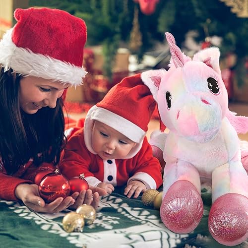 Miniatura 5 de Tezituor Juguetes de peluche de unicornio gigante de 32 pulgadas, lindos animales de peluche de unicornio rosa arcoíris, decoraciones de cumpleaños