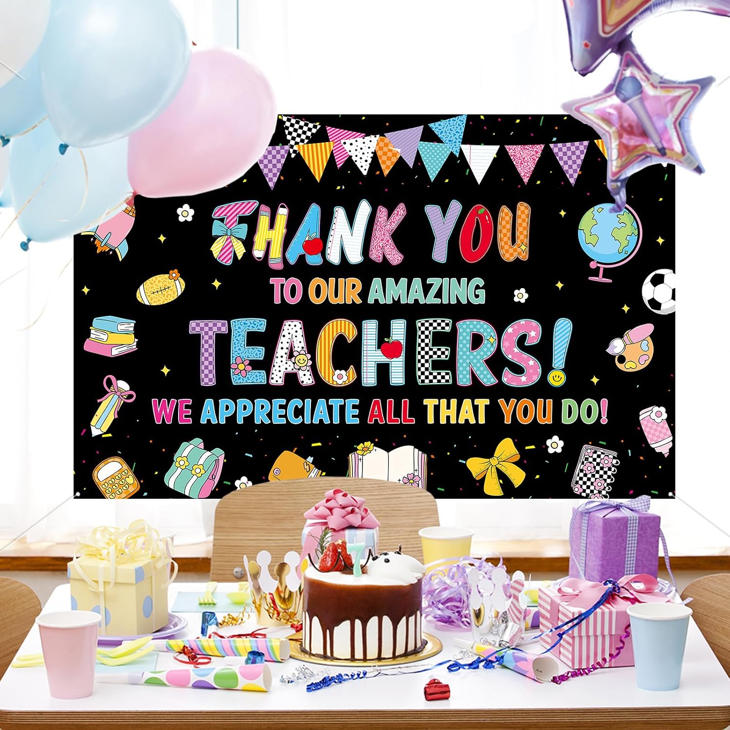 Teacher Appreciation Backdrop Decorations Preppy Thank You Teachers Backdrop Background Large Size Appreciation Week Classroom Banner Colorful Thank You Gift for Office Photo Booth Props Decor(Preppy) image 5