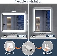 S'bagno 80x60 cm Fürdőszobai Tükör LED Világítással, Bluetooth Hangszóróval - Páramentesítő, Érintésérzékelős, Fényerőszabályzós, Függőleges 9
