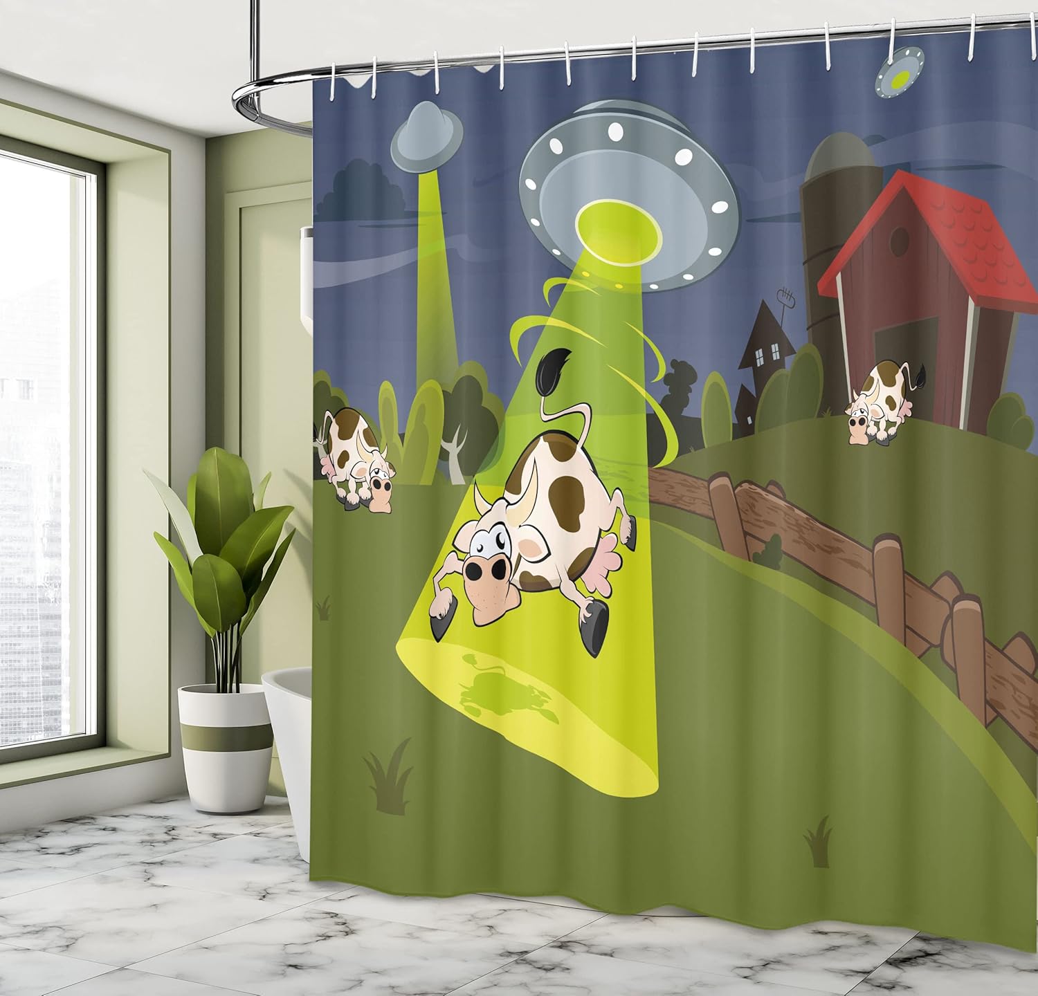 Ambesonne Cartoon Shower Curtain, Farm Warehouse Grass Fences Cow Alien Abduction Funny Comics Image Art Print, Cloth Fabric Bathroom Decor Set with Hooks, 69" W x 70" L, Slate Blue Lime Green