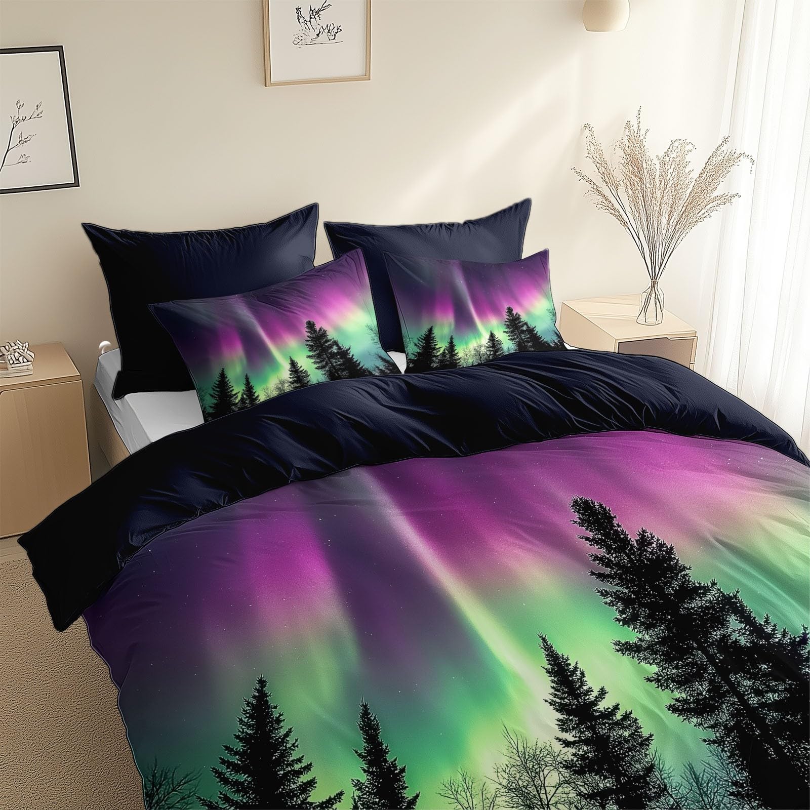 Housse de Couette Violet Vert 160x200 cm Forêt d'Aurora Parure 2 Personnes