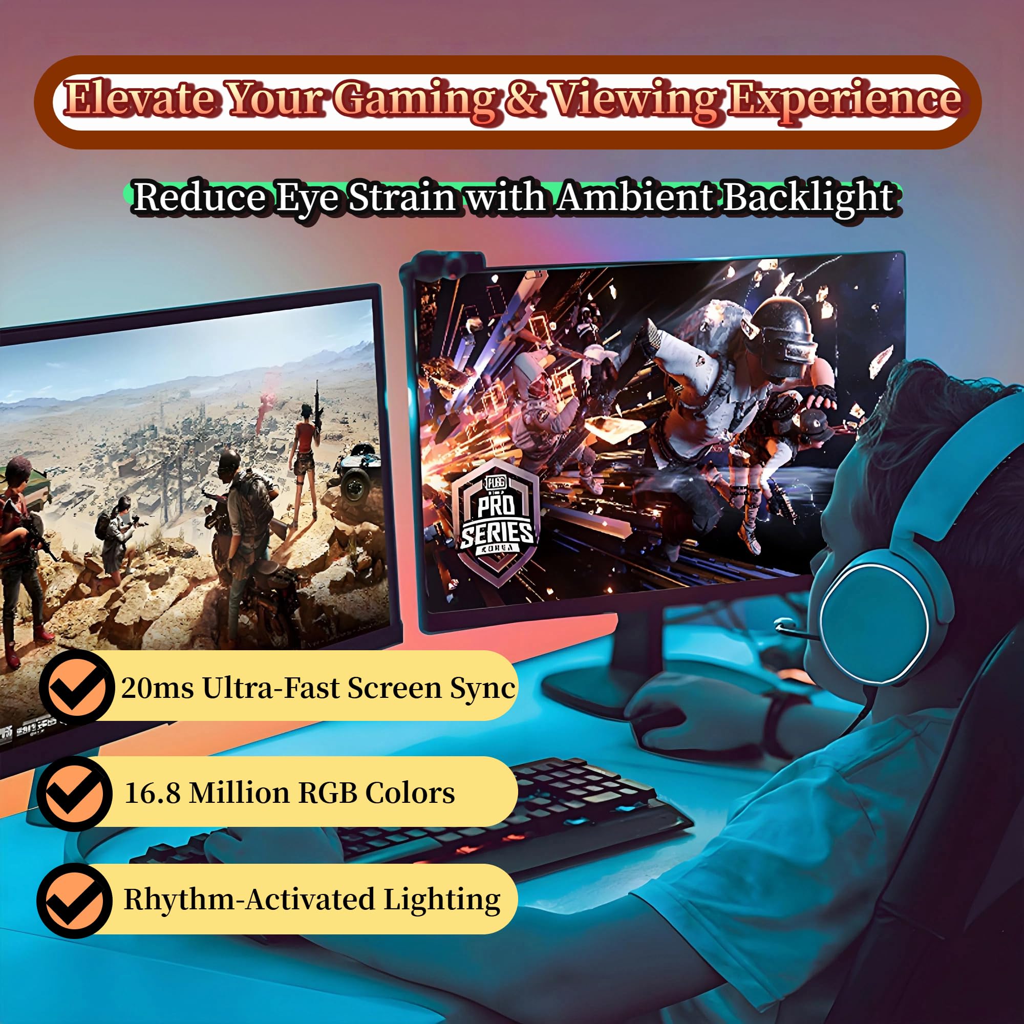 Retroiluminación de monitor de 24 pulgadas, tira LED reactiva para PC y Mac, color de pantalla y sincronización de música, iluminación ambiental de control de software para configuración de