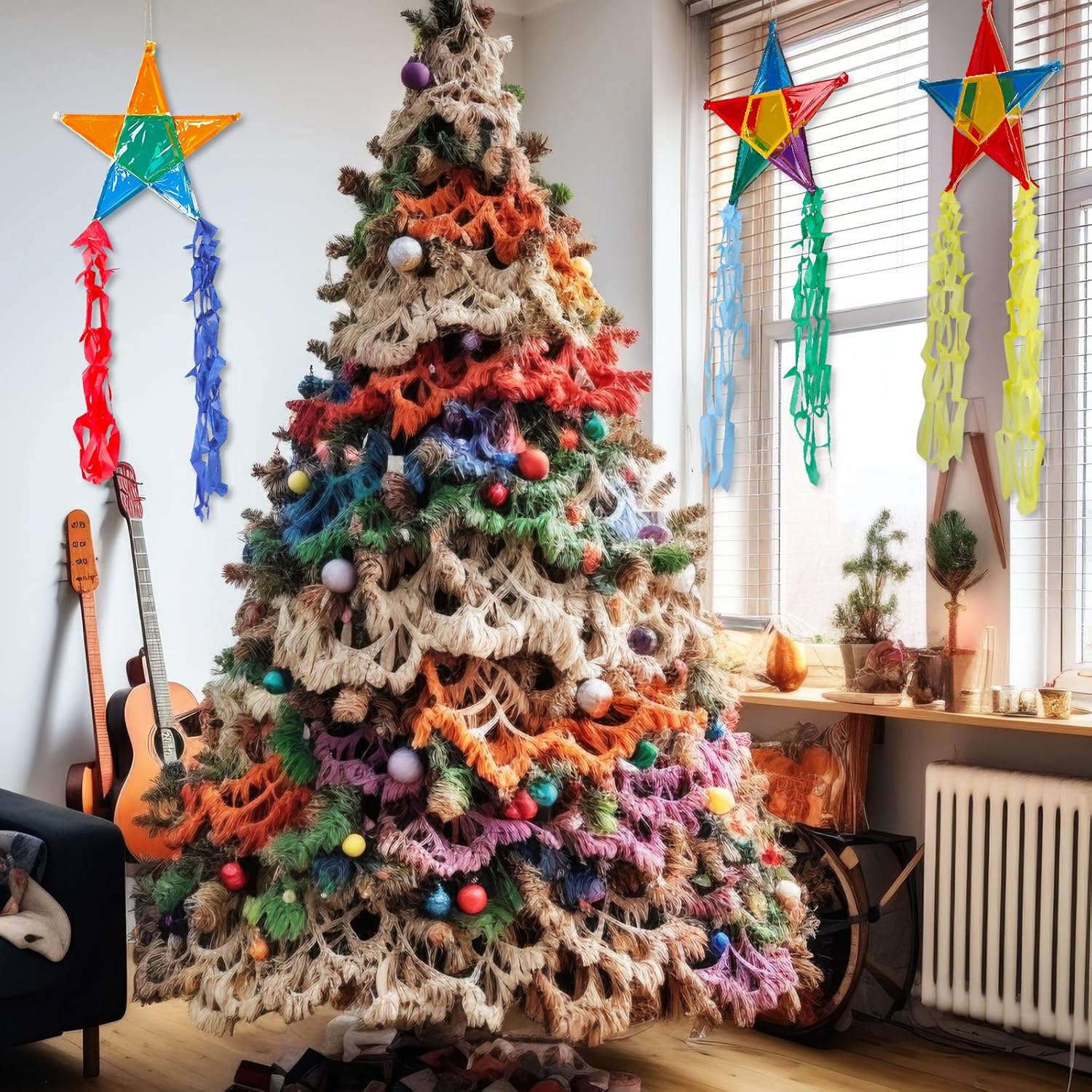 Fiwochic 190 Pcs Philippine Christmas Tree Parol Craft Kit Bamboo Crafts Sticks Colored Cellophane Sheets for Birthday Wedding Christmas Philippine Gift Traditional Capiz Star Decorations