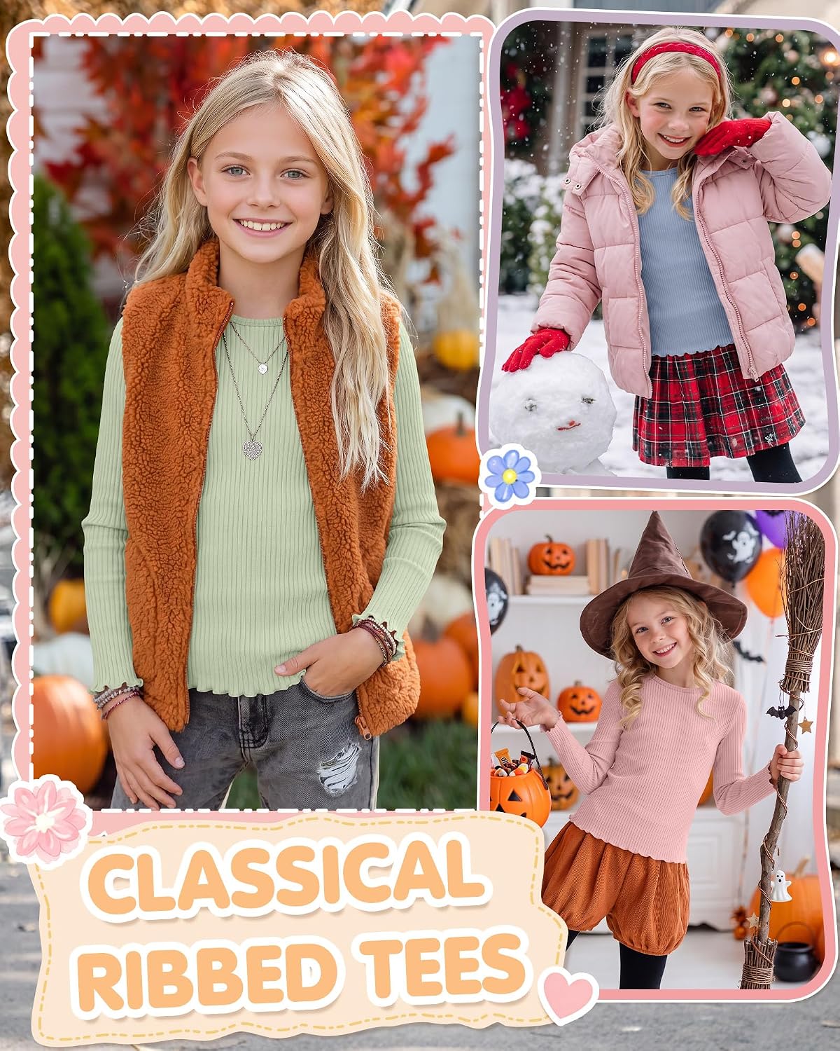 Girls Long Sleeve Shirts Cotton Ribbed