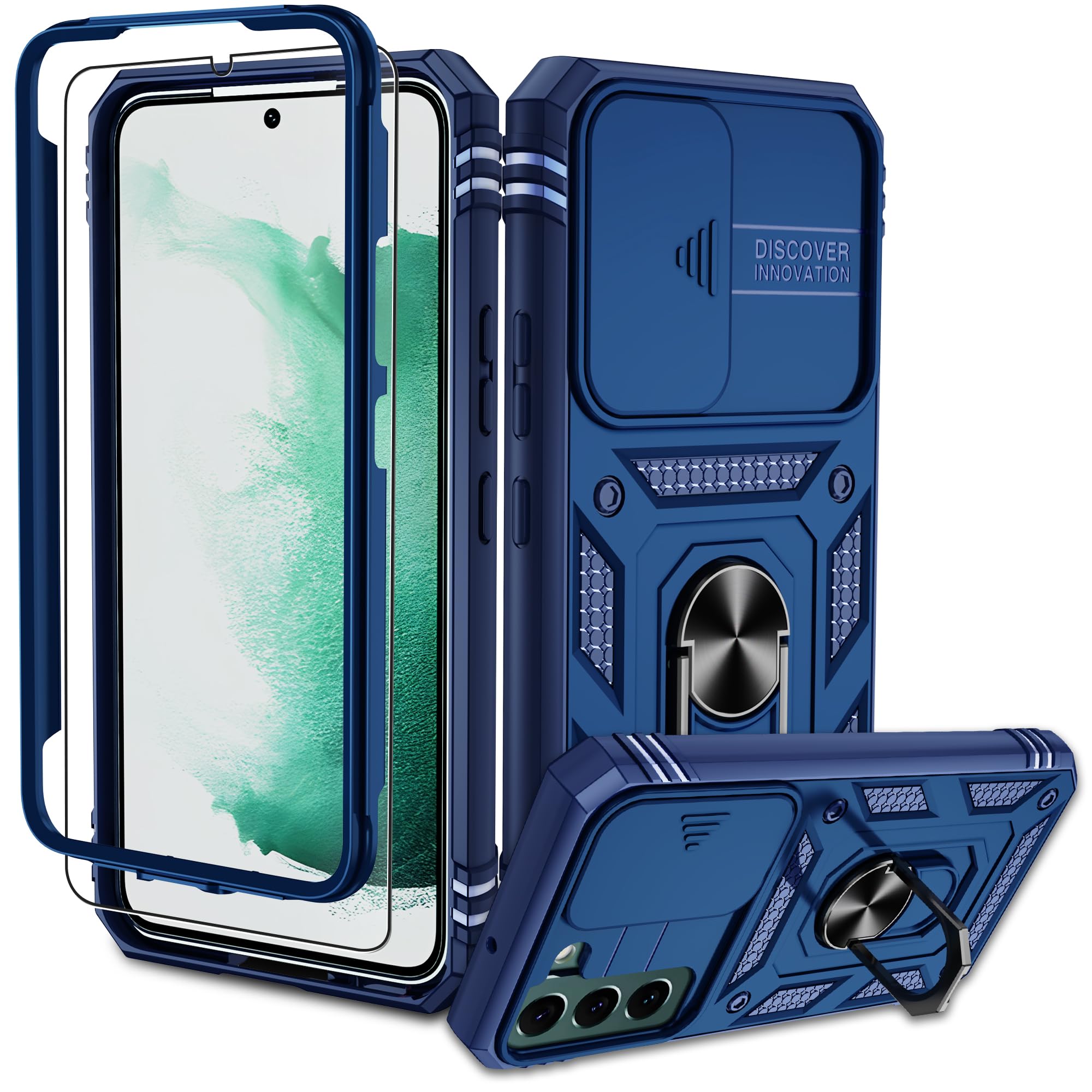 Pilaru für Samsung Galaxy S22 Hülle, S22 Kameraschutz Handyhülle mit 1 Stück Schutzfolie, 360° Drehhalter Ring Schutzhülle Militär Outdoor Stoßfest Kratzfest Handy Hüllen für Samsung S22-Blau