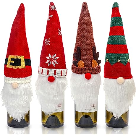 4 Pack Christmas Gnome Wine Bottle Covers