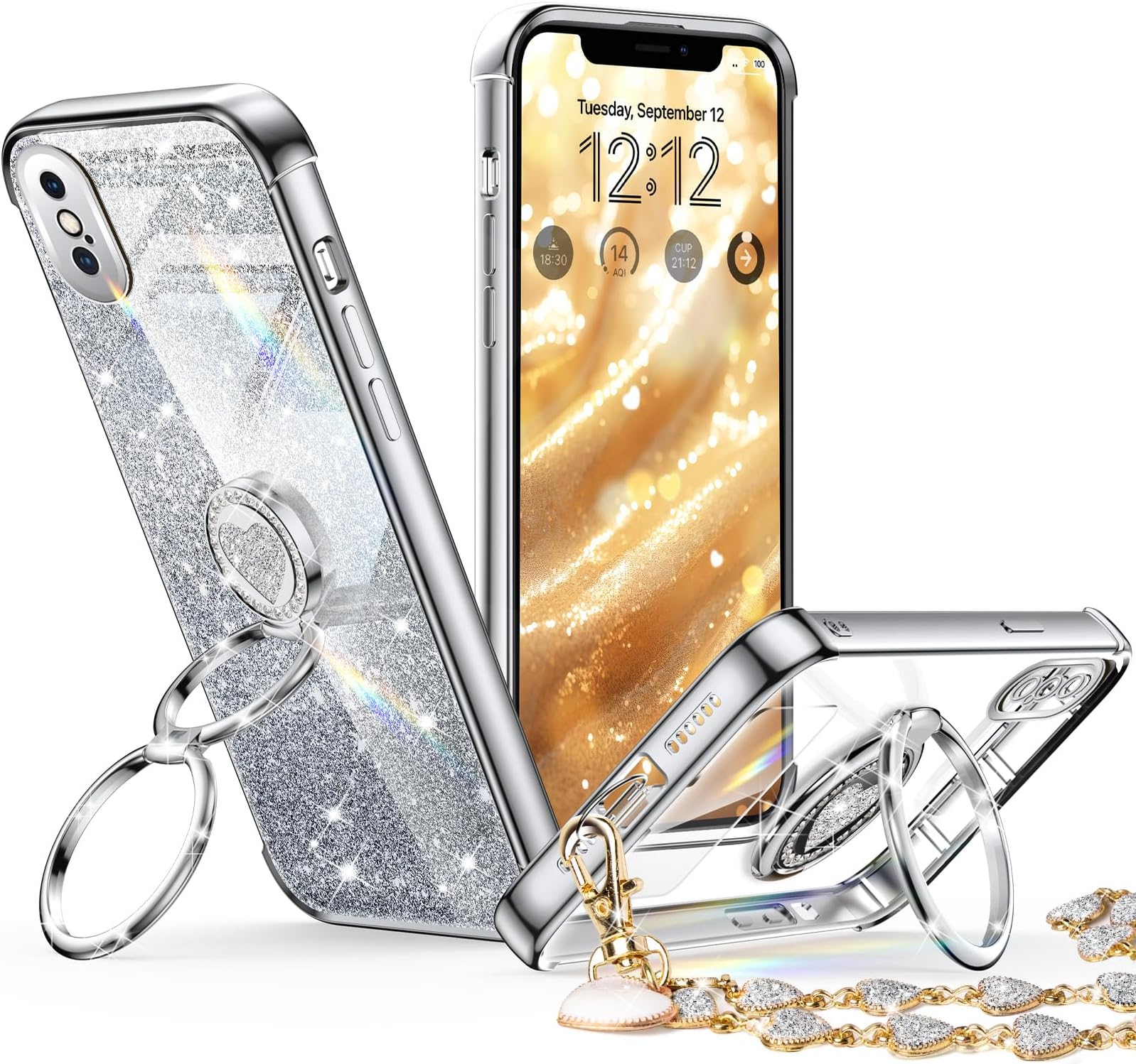 XYZ for iPhone Xs Max Case with Stand, Phone Case with Double Ring Kickstand, Women Girls Bling Luxury Glitter Clear Phone Case Cover Heart for iPhone Xs Max(6.5 inch), Silver