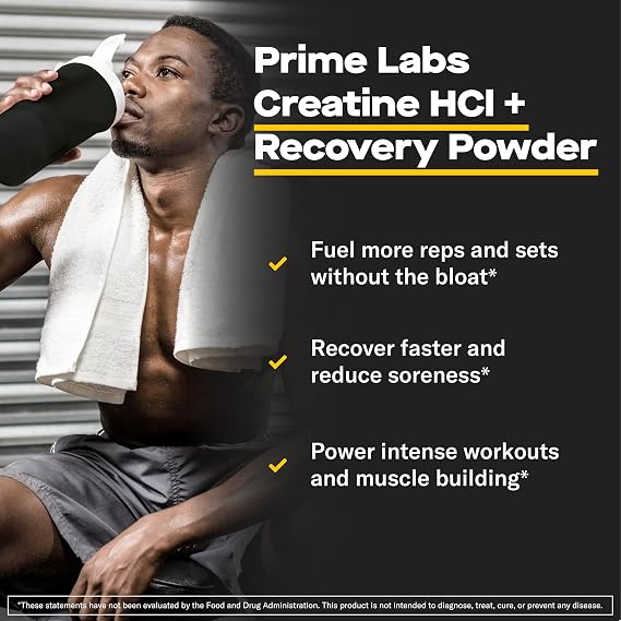 Prime Labs Creatine HCl Powder with AstaReal Astaxanthin 6mg - Supports Muscle Recovery & Brain Health - Con-Cret Creatine HCl (7X More Concentrated Than Monohydrate) - 60 Servings