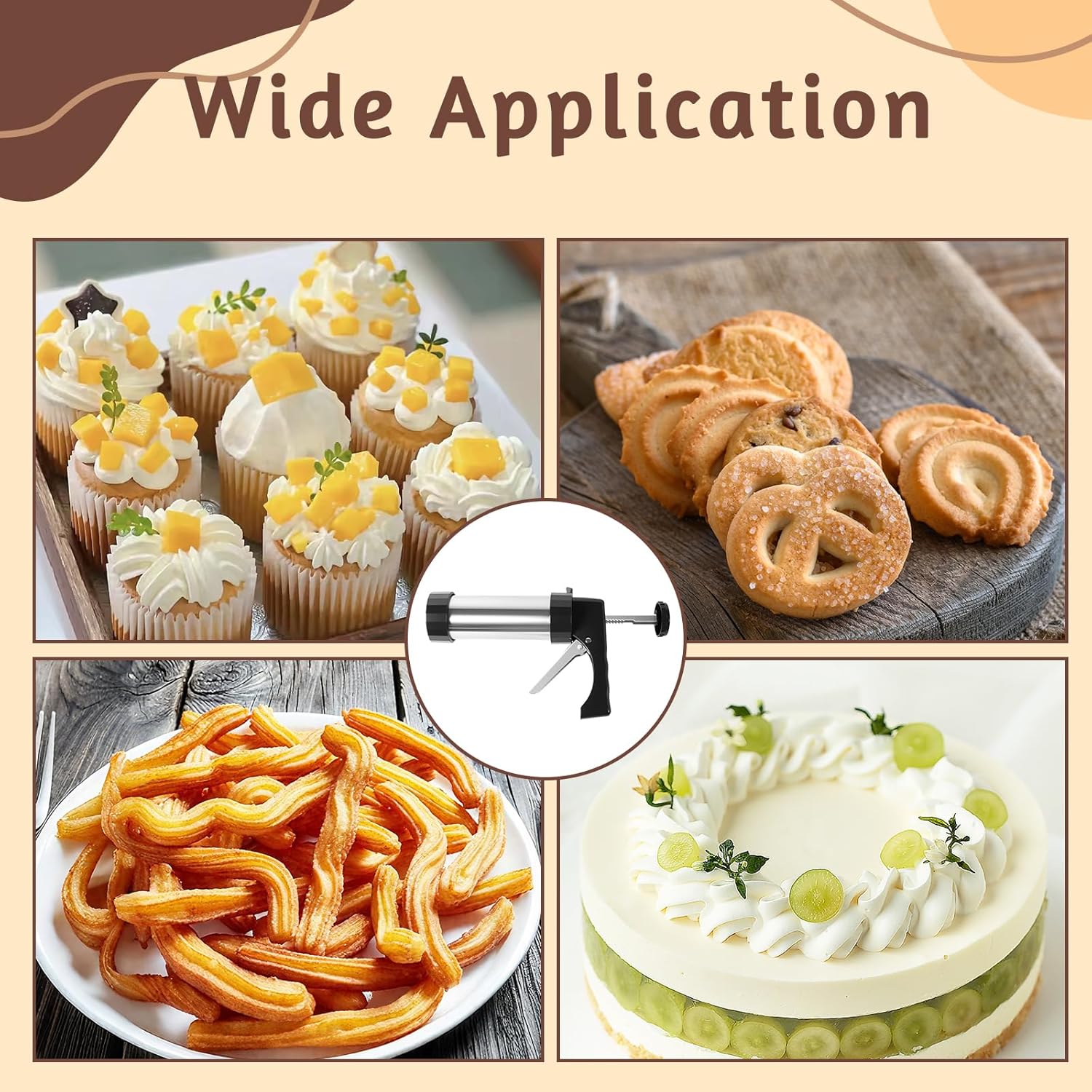 27pcs Safari Animal Cake Topper and Stainless Steel Cookies Press Set, Churro Maker Machine, Cookie Press Gun Kit with 13 Cookie Discs, 8 Piping Tips and 2 Clean Brushes for DIY Biscuit/Cake Maker