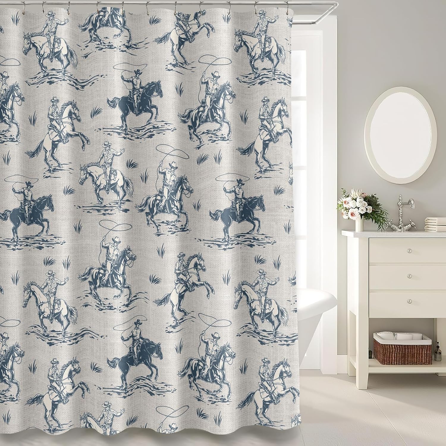MUGINYU Western Cowboy Linen Shower Curtain- Vintage Farmhouse Fabric Shower Curtain Set, Country American Wild West Cowboy Riding Horse in Desert Shower Curtains for Bathroom, 72x72 Bath Curtain