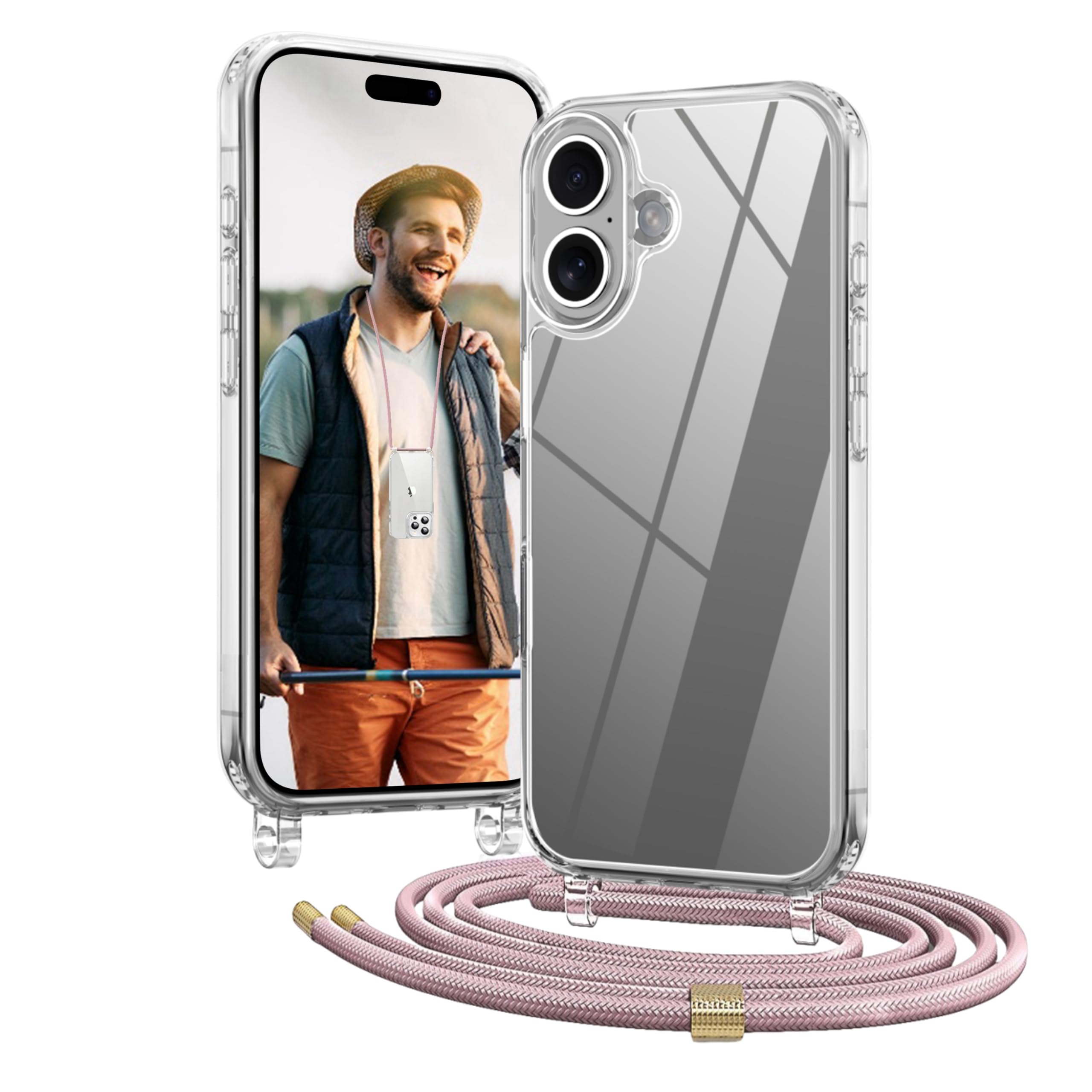 OLEPHY Cover per iPhone 16 Plus con Cordino 6,7'', Trasparente Custodia con Regolabile Collana, Protezione Completa [Antiurto] [AntiGraffio] Case con Laccio Tracolla, Oro Rosa