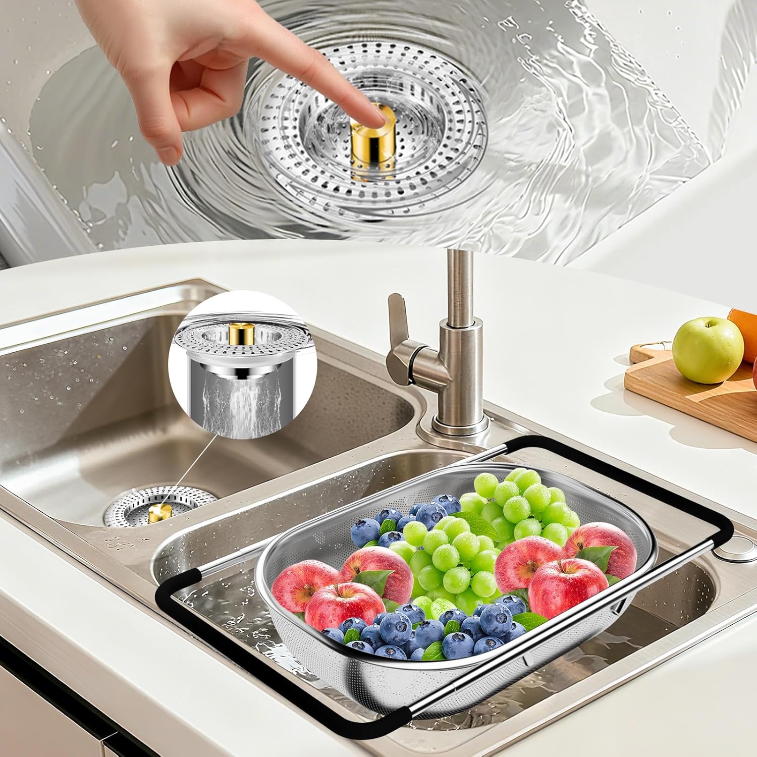 Over the Sink Colander - Colander for Kitchen - Colanders & Food Strainers Expandable Sink Strainer Basket with Rubber Grip for Washing Veggie Fruit Pasta Spaghetti (9.5W x 13.4-21.3L)