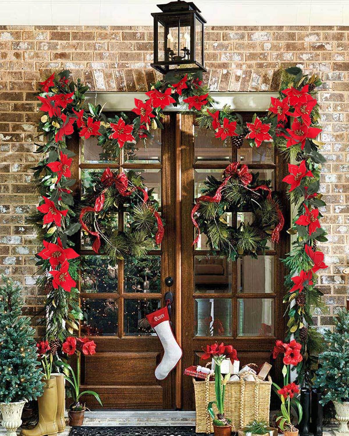Christmas Poinsettia Flowers Garland Decor Indoor Table Decorations Fall Wall Hanging Artificial Red Leaf Vine Decorations for Home (2pc Xmas, Set) (Xmas, 2pc)