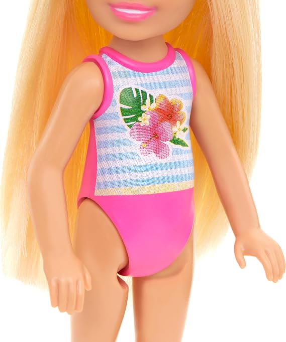 Barbie Chelsea Small Doll Featuring Swimsuit with Stripes & Floral Print, Blonde Hair & Blue Eyes