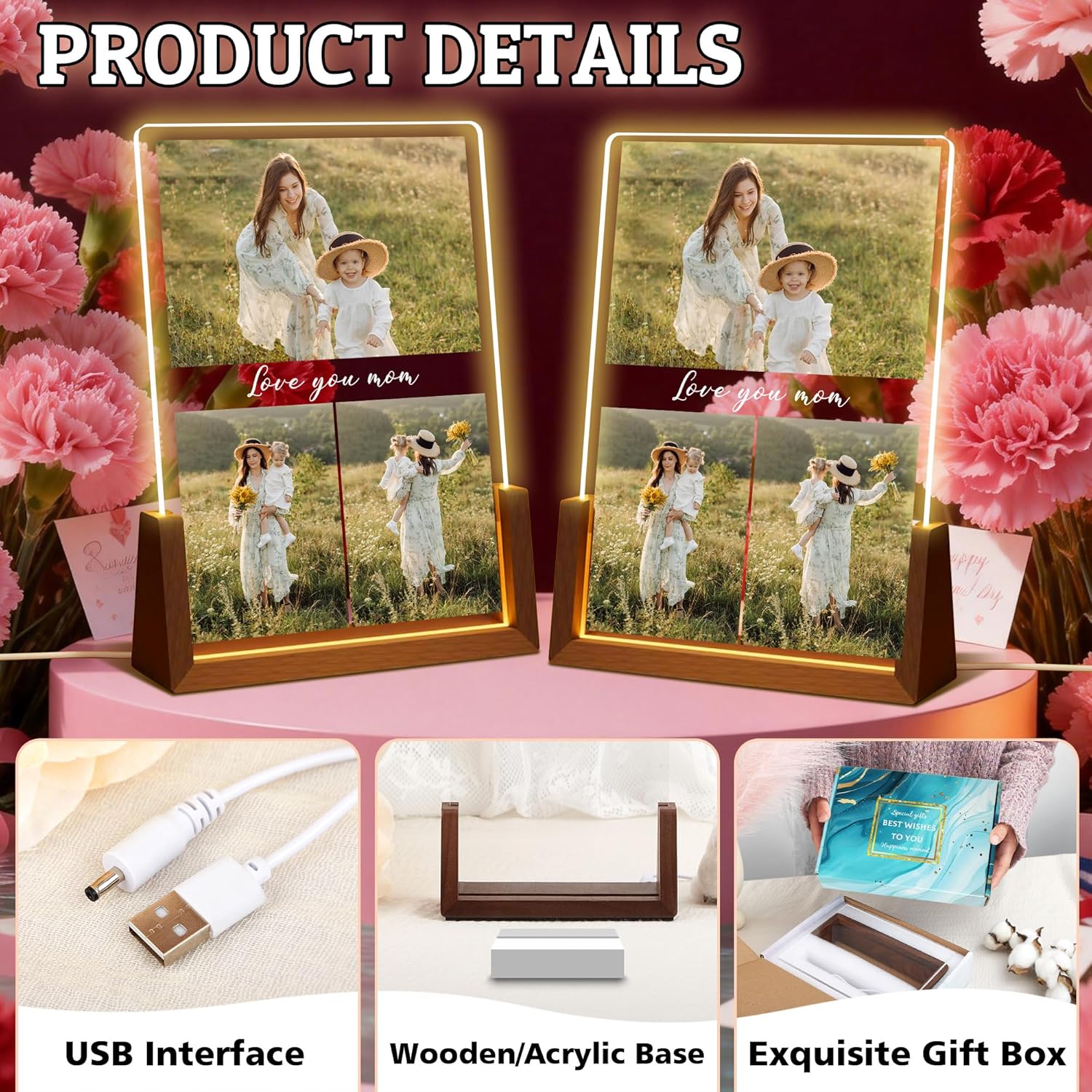 Customized Mothers Day Birthday Gifts for Mom Wife from Daughter Son Husband, Custom Acrylic Plaque Picture Frame with Light, Personalized Christmas Anniversary Photo Gifts for Mom Grandma Women