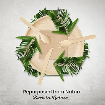 Eco Leaf 125pcs Disposable Palm Leaf Plates, Wooden Cutlery Set, Brown Napkins – 25 Large Round Plates, 25 Forks, Knives, and Spoons, 25 Brown Napkins – Eco-Friendly, Suitable for Parties