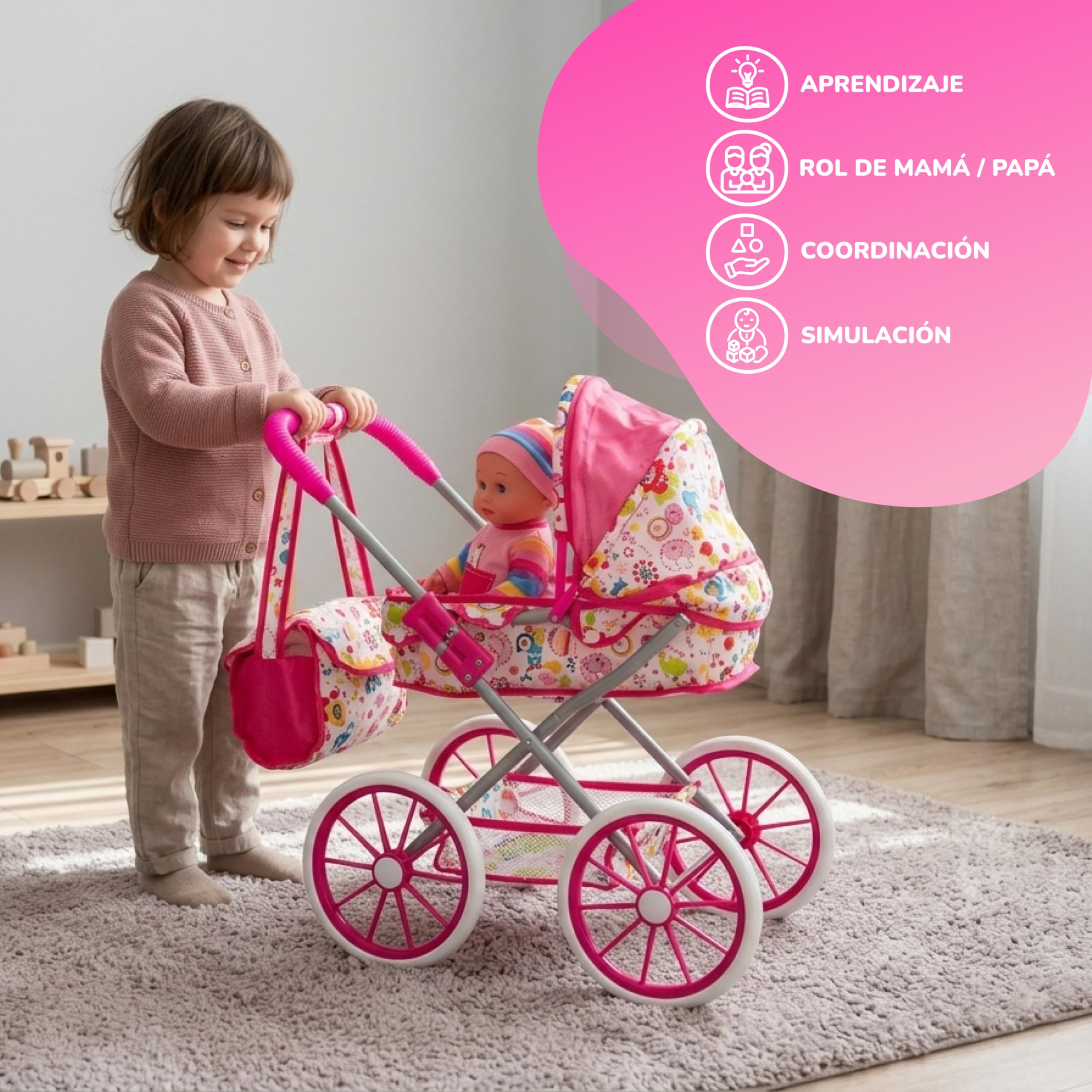 Carrito de Muñecas con Muñeco Bebé y Accesorios 20 Piezas – Cochecito de Juguete Plegable con Capota, Bolsa y Ruedas EVA – Set Completo Muñeca con Orinal, Biberón y Complementos – +3 Años