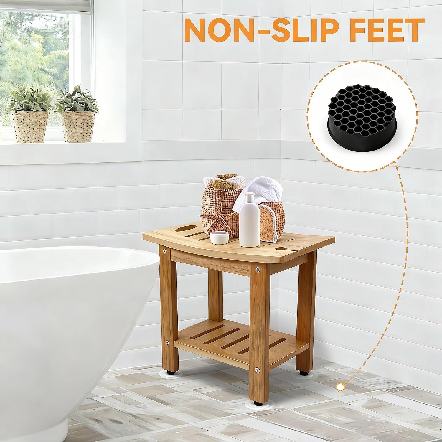 21.2" HDPE Shower Bench with Adjustable Feet & Storage Shelf, Waterproof Non-Slip Shower Stool for Inside Shower, Heavy Duty 450 LBS Shower Chair Seat for Bathroom/Indoor/Outdoor Use, Teak