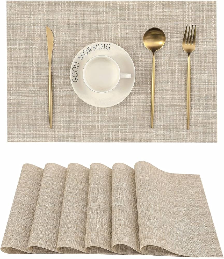 Leetaltree Beige Placemats Set of 6 - Heat Resistant Non-Slip Place mats for Dining Table, Washable Durable PVC Vinyl Woven Table Mats(Beige, 6)