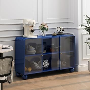 Modern Glass Storage Cabinet with Sliding Doors Iron Frame,Movable Floor Storage Cabinet for Kitchen Living Room Bathroom Office Farmhouse Dining Room,47.25" High,Blue