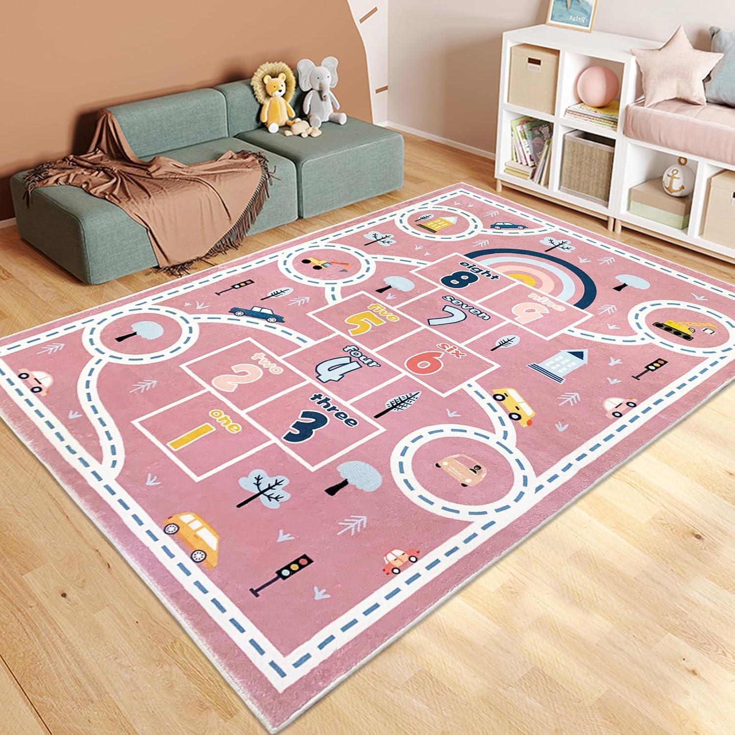 Kids Play Mat Hopscotch Car Area Rug 5x8Ft Extra Large for Girls Bedroom Soft Classroom Educational Learning Children Preschool Car Road Boys Gift, Pink