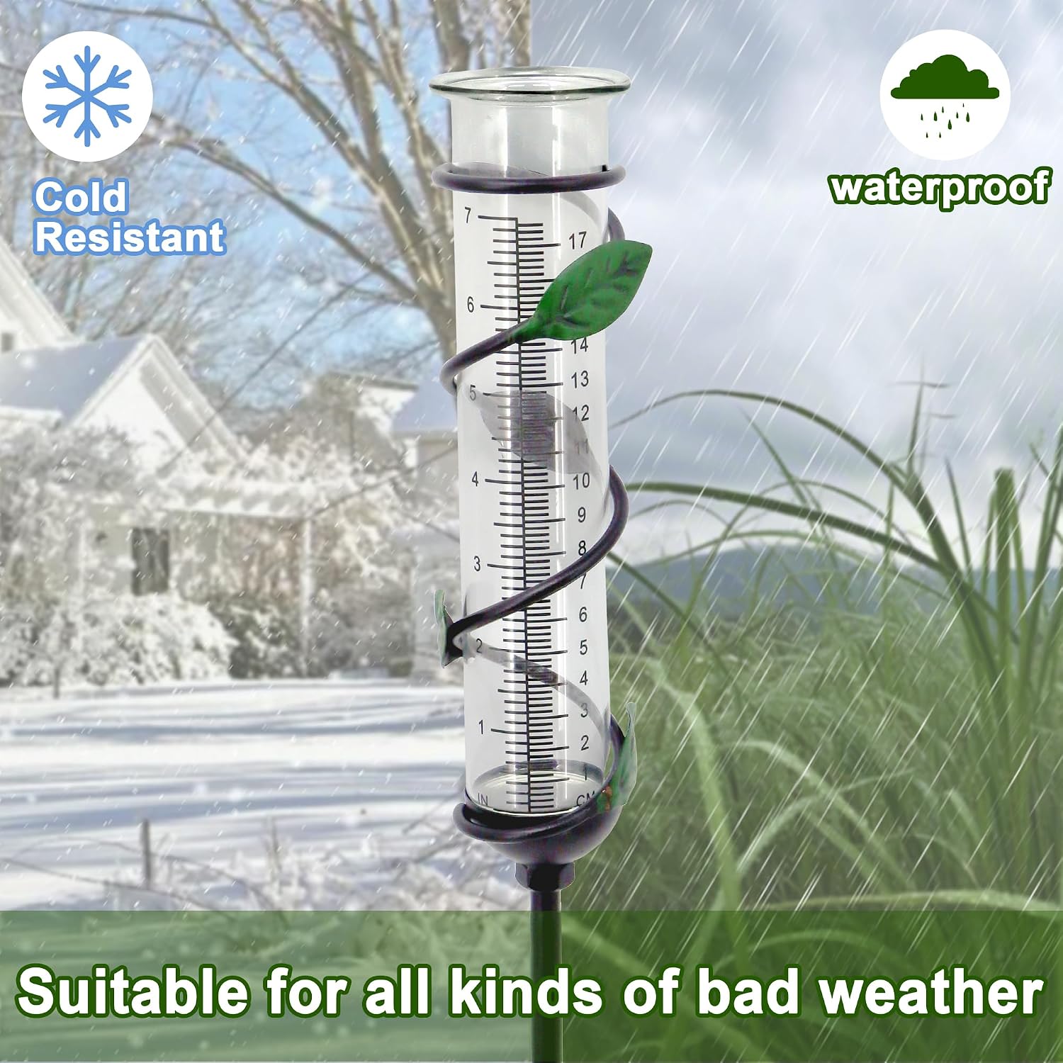 27in Leaf Rain Gauge Metal Garden Stake Green Outdoor Decor