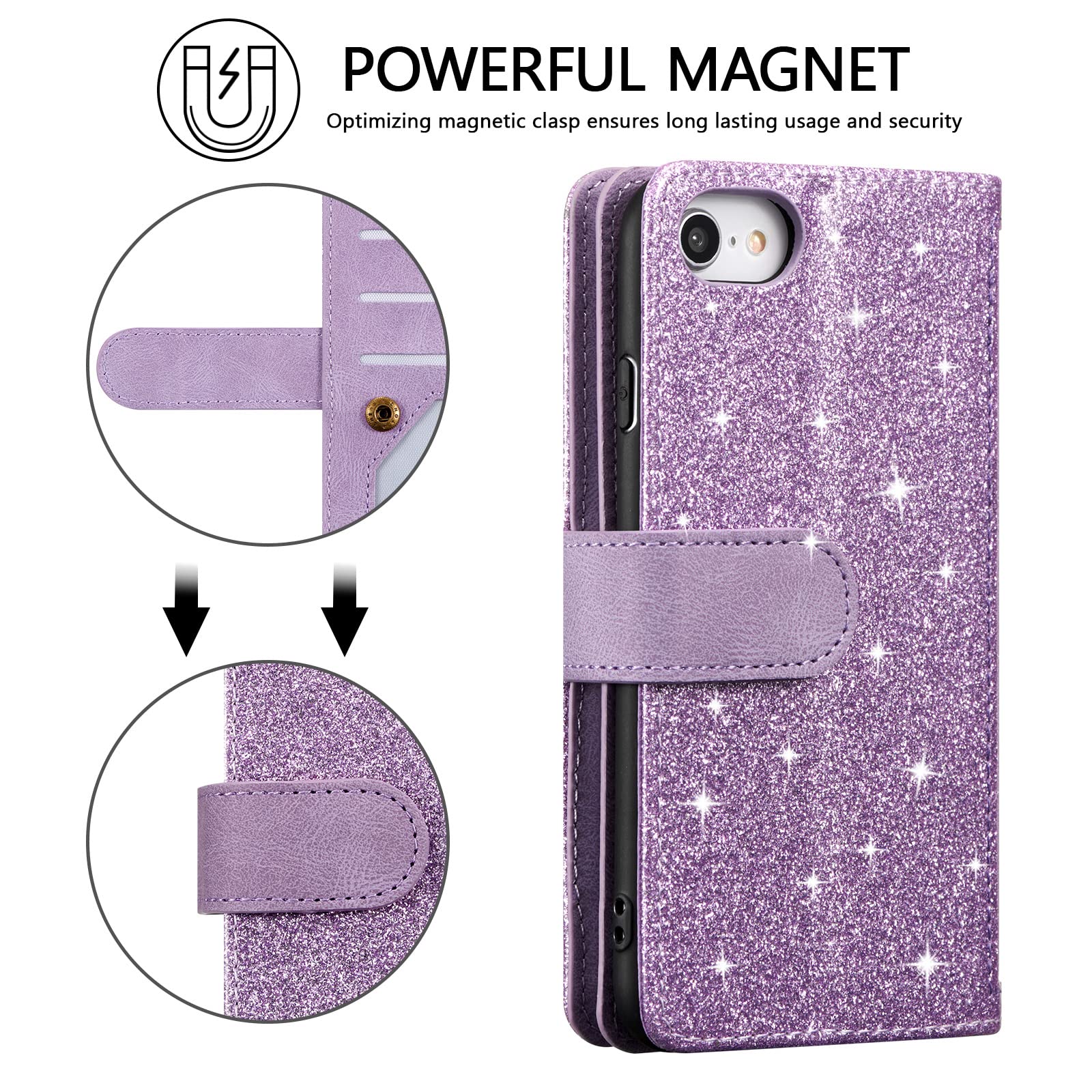 UEEBAI Wallet Case For IPhone SE 2022 5G/iPhone 7/iPhone 8/iPhone SE 2020, Glitter PU Leather Magnetic Zipper Case Kickstand Card Slots Wrist Strap TPU Flip Cover For IPhone SE3/SE2 - Bling Purple - View #7