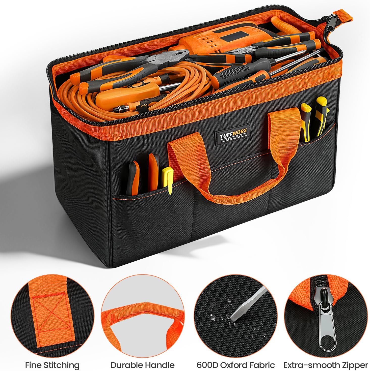Wide Mouth Tool Bag, Heavy Duty Tool Bags for Men, 12-Pocket Portable Empty Tool Box Organizer Storage for Mechanic, Electrician, 17.3 inch, 600D Oxford, Orange - Image 4