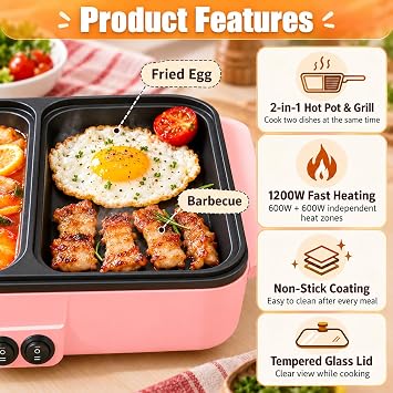 2-in-1 Electric Hot Pot and Grill Combo, 1200W Indoor BBQ Grill with Dual Temperature Control, Nonstick Cooking Surface, 1L Hot Pot with Glass Lid for Steak, Seafood, Noodles, 1-4 People, White