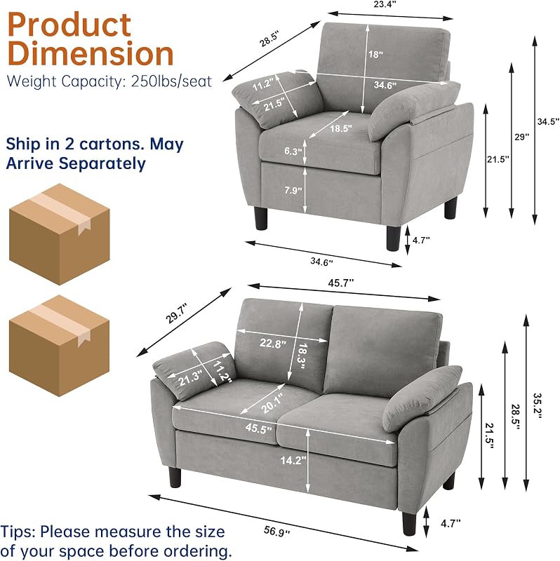 Portaforta 2 Pieces Sectional Sofa Set, 57" Loveseat and 35" Accent Chair, Linen Upholstered Armchair and 2-Seat Loveseat Sofa Set, Couches for Living Room, Apartment, Light Grey image 2