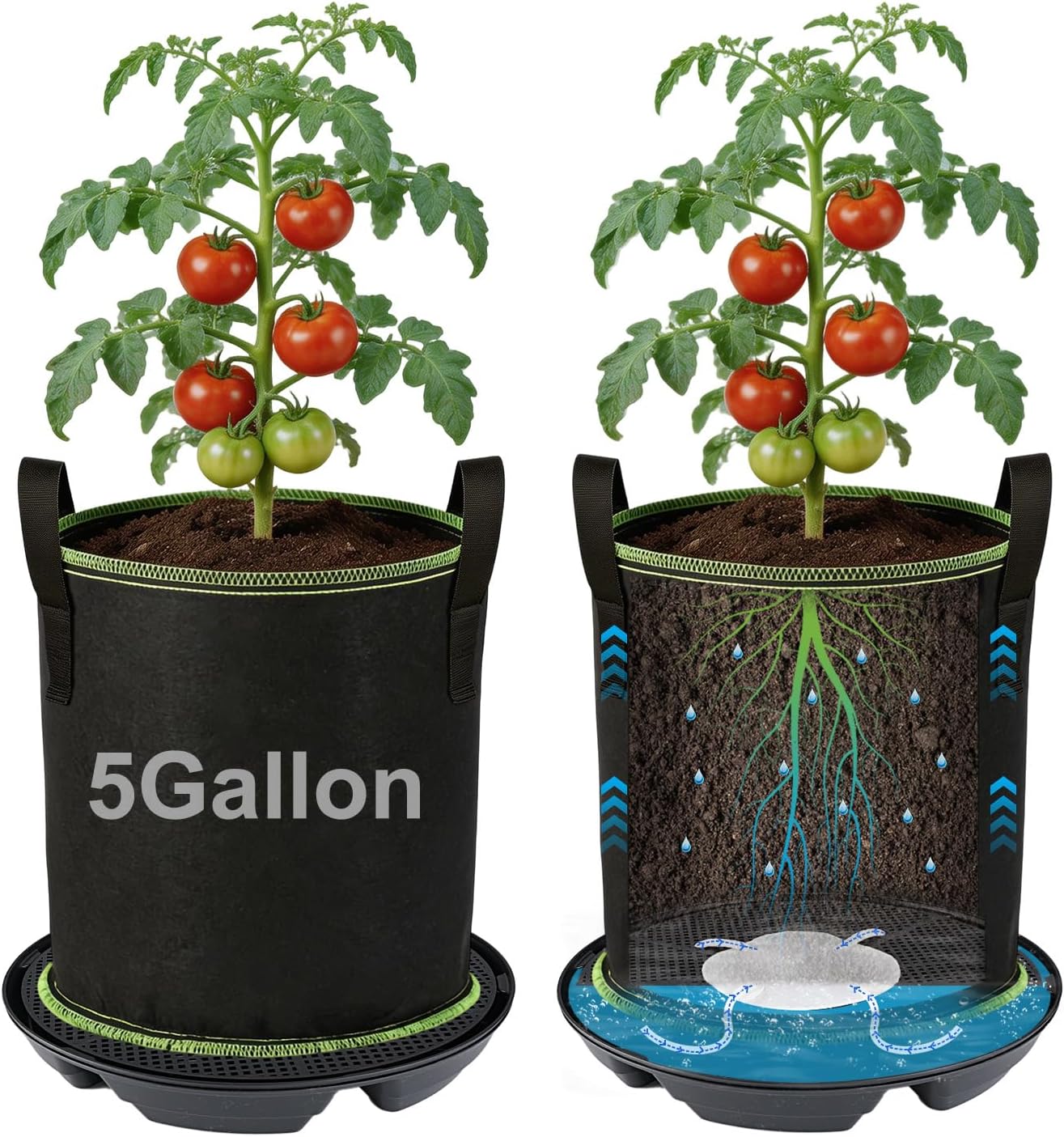 2Pack Self Watering Grow Bags with Pots Base - 5 Gallon Automatic Watering Planter Saucer with Wick Cord, Thick Fabric Vegetables Plants Pots with Handles for Indoor, Outdoor, Greenhouse, Garden