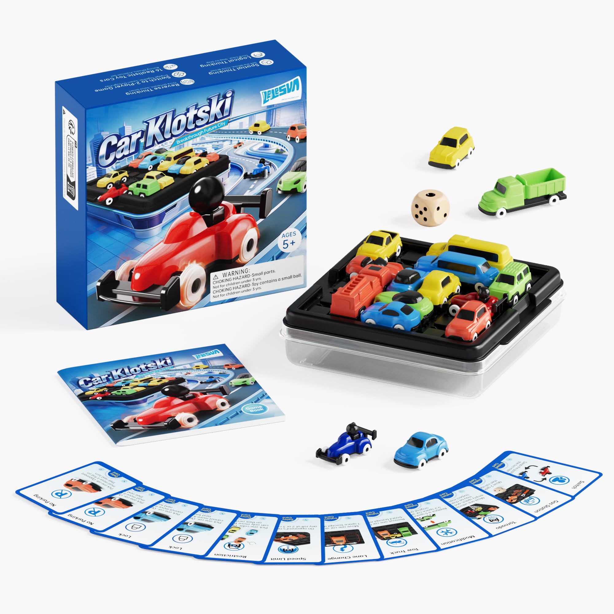 LELESUN Unblock Car Klotski Sliding Puzzle Game，Traffic Jam Logic Board Game,with 16 Cars & 100+ Challenges, 2-Player STEM Brain Teaser Toy, Safe ABS Material with Storage Lid, for Kids 5+