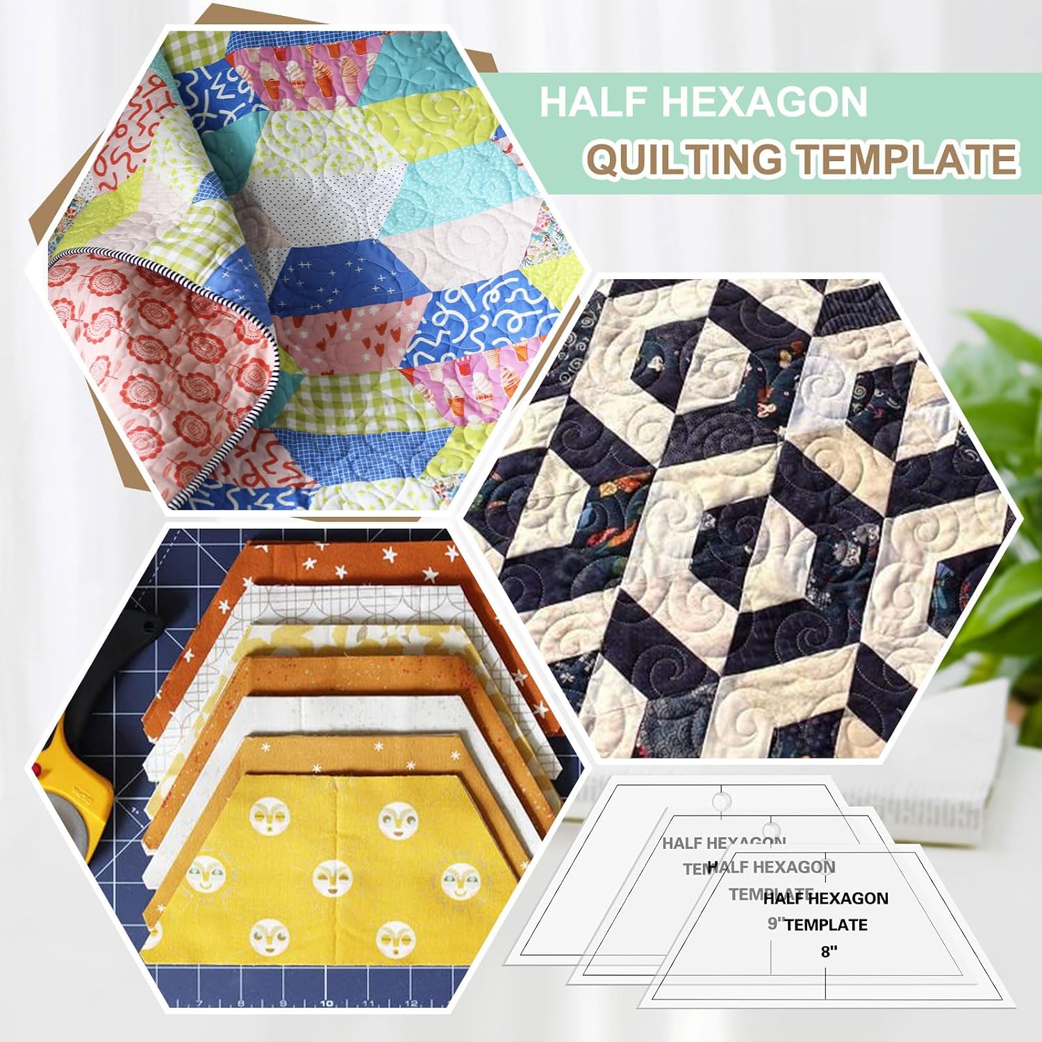 Kigley 3 Pcs Half Hexagon Quilting Template and Ruler 8 9 10 Inch Acrylic Quilt Rulers for Sewing Layer Cake Patchwork Supplies for Cutting Patterns DIY Craft(Clear)