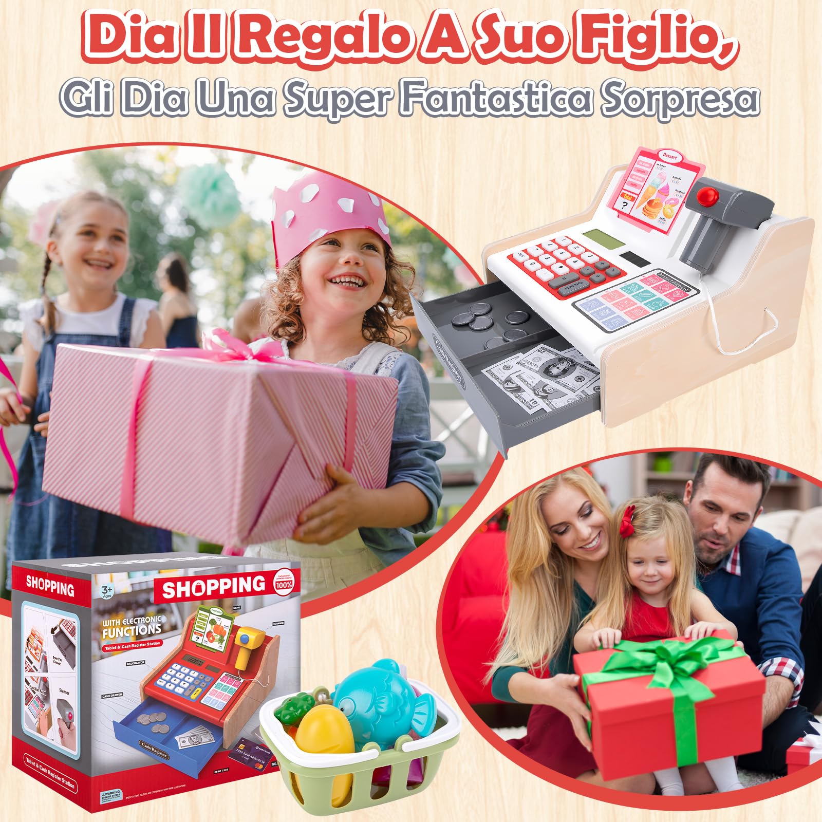 JONRRYIN Cassa Giocattolo in Legno per Bambini, Registratore di Cassa Giocattolo con Scanner e Suoni, Vera Calcolatrice, Soldi Finti, Carrello e Cibo, Cassa Supermercato per 3 4 5 6 Anni (Bianco)