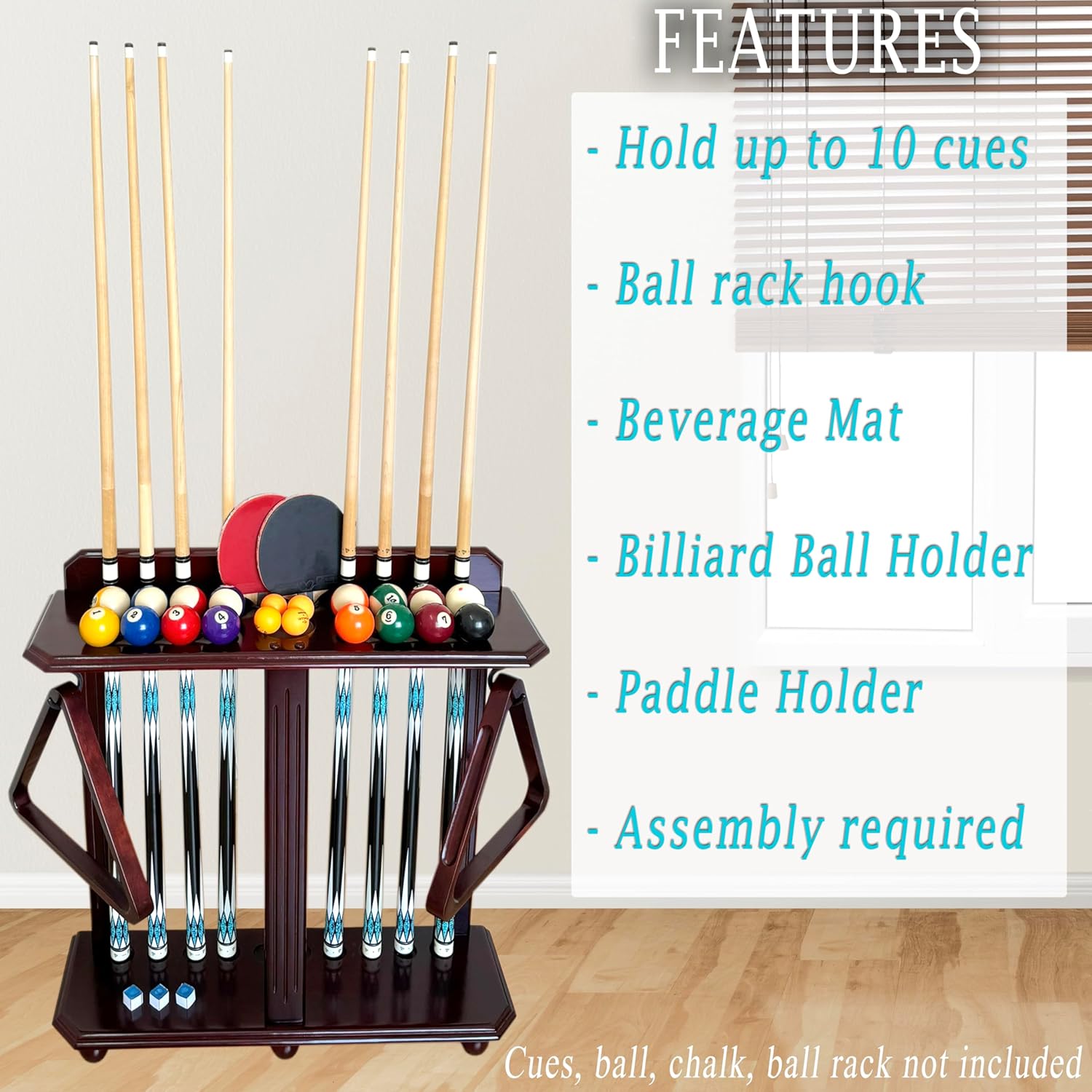 Wooden Billiard Cue Rack Hold up to 10 Pool Cue Sticks, Pool Cue Stick Holder, Floor Stand Pool Cue Holder for Billiard Game Room (Dark Mahogany)