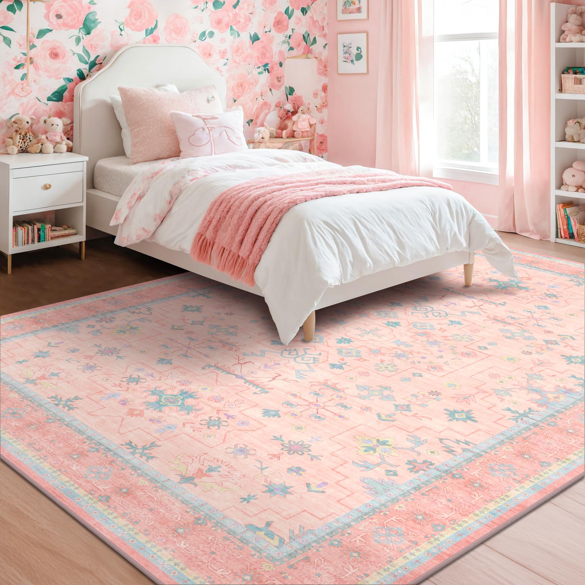 Pink Rugs for Bedroom Girls, 5x7 Washable Area Rug for Living Room Nursery Kids Baby Playroom Indoor Decor, Oushak Floral Vintage Low Pile Boho Non Slip Foldable Carpet