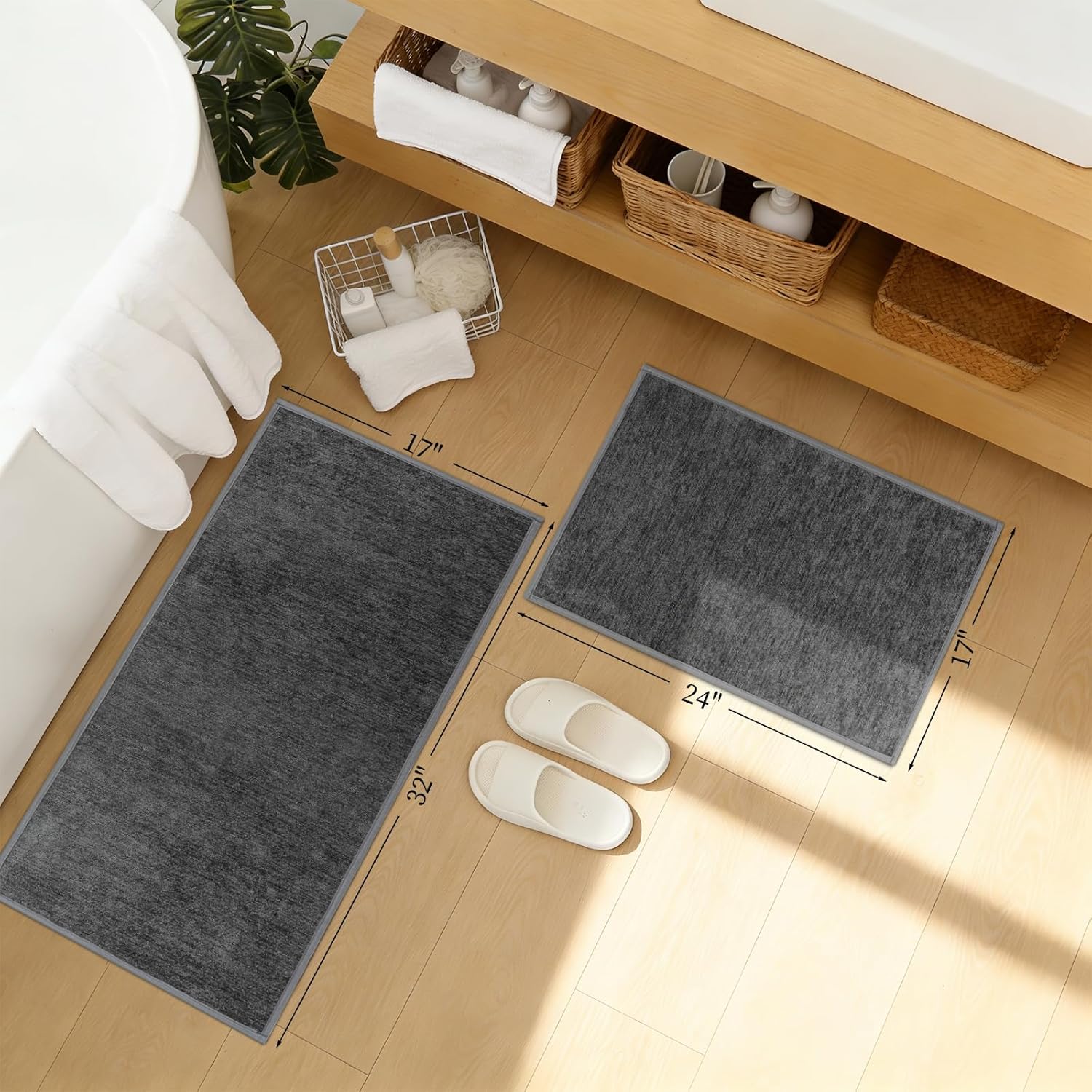 YIHOUSE Dark Gray Bathroom Rugs Sets 2 Piece, Ultra Thin Bath Mat - Non Slip Quick Dry Absorbent Machine Washable - Bath Rugs for Bathtub Sink Home Decor (17"x24" + 17"x32")