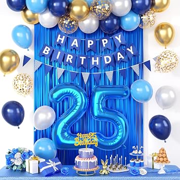 25th Birthday Decorations, Dark Happy Birthday Party Decorations With Number 25 Balloons Metallic Gold Pearl White Light Blue Fringe Curtain Banner Cake Topper For Man Woman Party Supplies