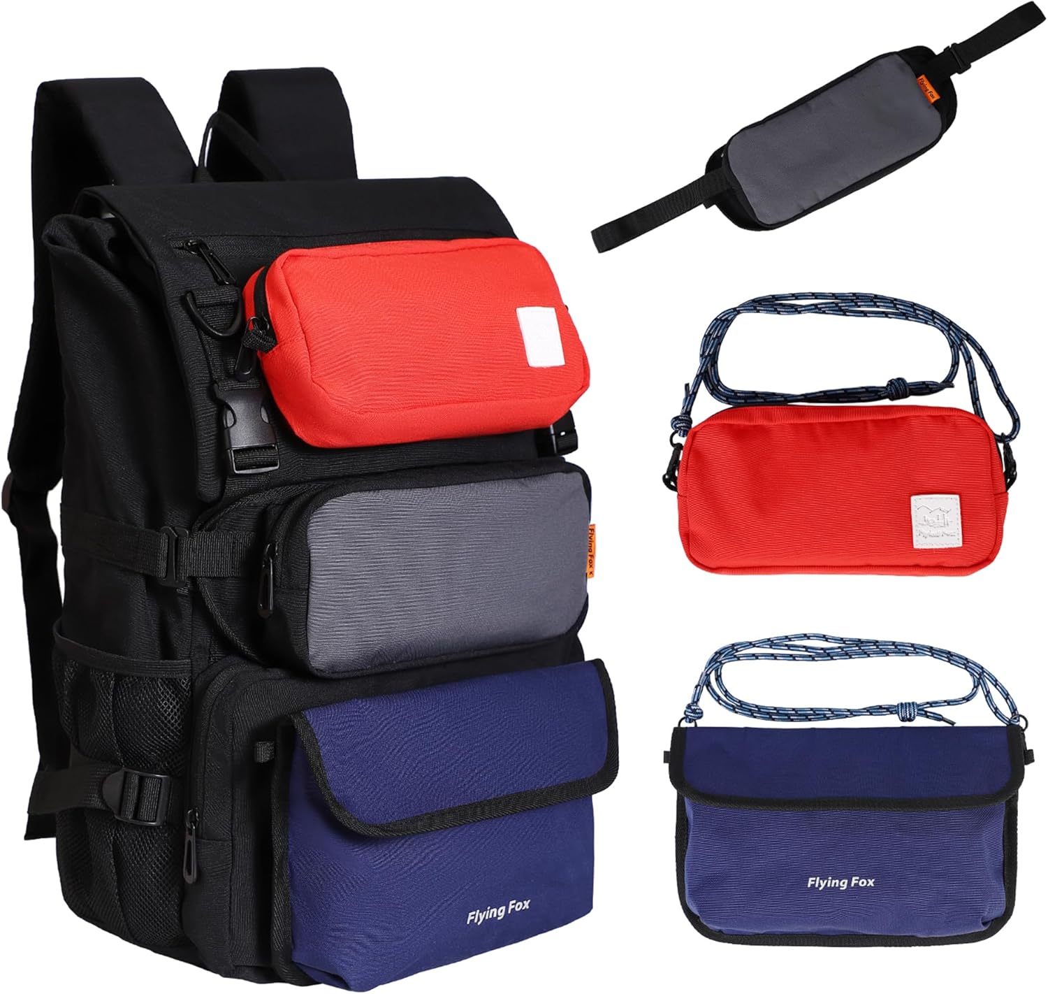 FLYINGFOX 30L Travel Backpack for Women & Men，with 3 Detachable Crossbody Bags，Personal Item Pouch Waterproof Backpack Fits 18" Laptop