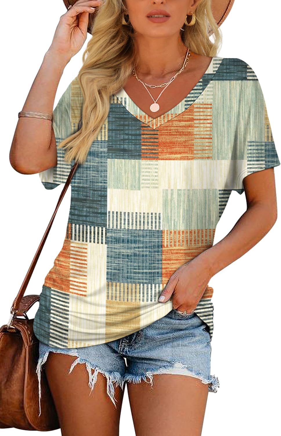 WIHOLL Womens Summer T-Shirts Short Sleeve V Neck Dolman Tops with Side Shirring Loose Fit Shirts Spring Fashion thumbnail