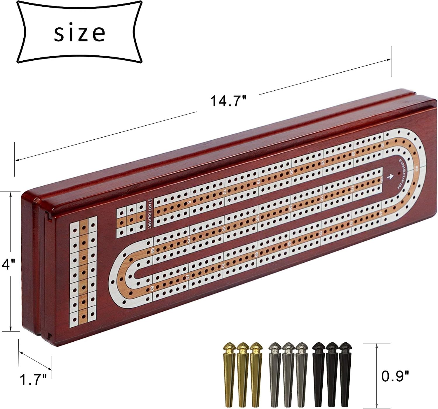 Juegoal Upgrade Wood Cribbage Board Game Set, Solid Wooden Continuous 3 Track Board with Larger Storage Area, 9 Metal Pegs and 2 Decks of Playing Cards, Travel Portable Cribbage Game Sets