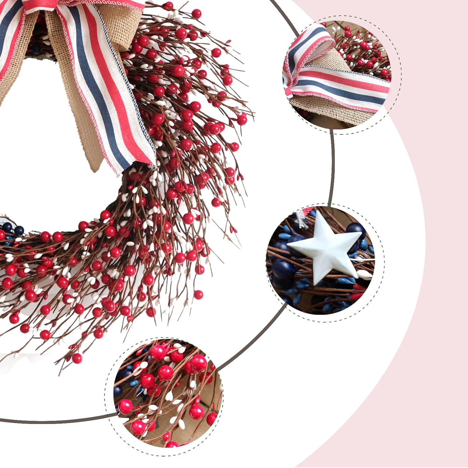 Bibelot 18 Inch Patriotic Red White Blue Berries Wreath for Front Door, 4 of July Memorial Day Independence Day Burlap Bow Wreath for Home Decor, American Flag Day Wreath for Indoor and Outdoor Use