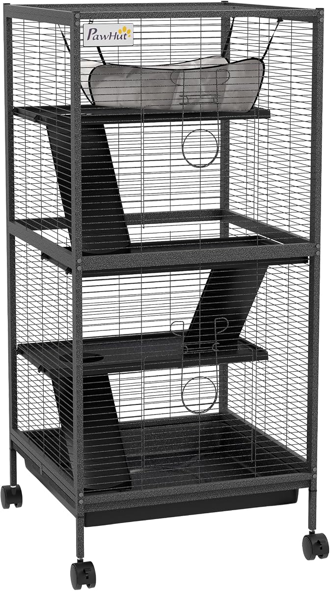 PawHut 4-Tier Rat Ferret Cage with Hammock, Removable Tray, Charcoal Grey
