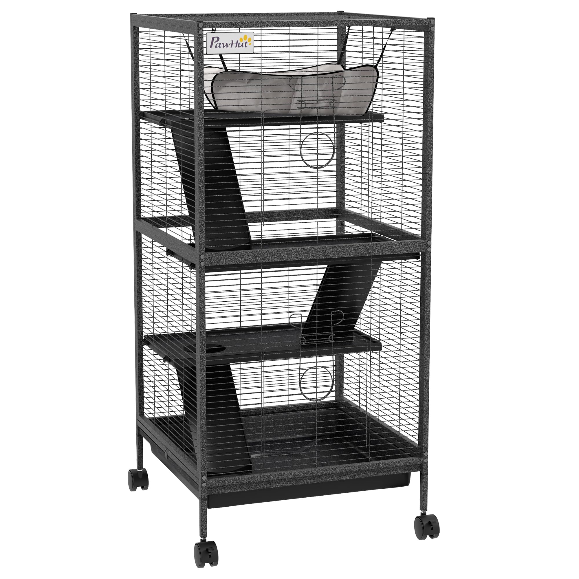 PawHut Jaula para pequeños roedores de acero, jaula para cobayas y chinchillas con 3 pisos, 4 ruedas, hamaca y bandeja extraíble, 52 x 52 x 113,5 cm, gris