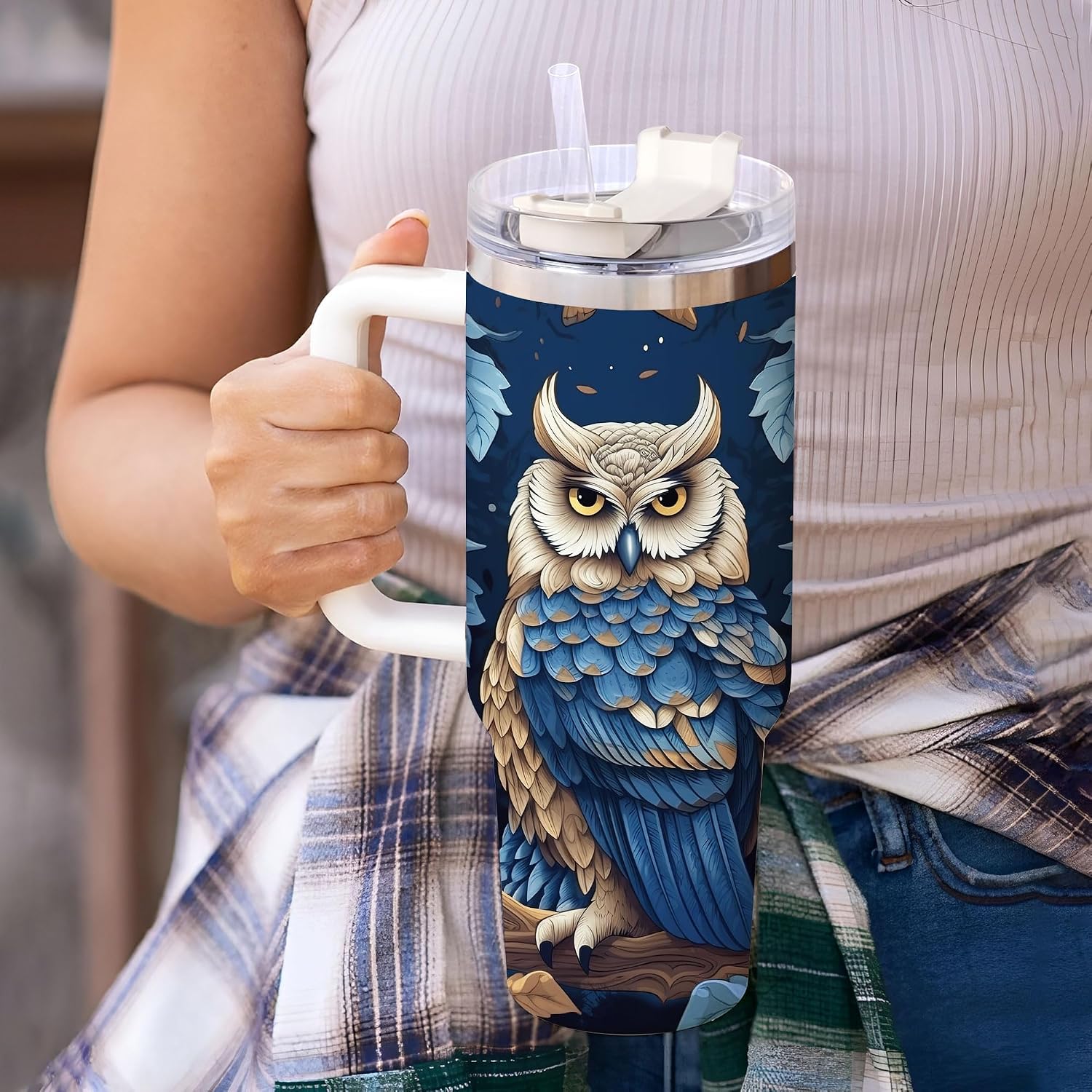 Hyturtle Personalized Gift For Owl Lovers - Owl Printed Custom Name Tumbler 40oz With Handle And Straw, Stainless Steel Travel Coffee Cup With Lid - Animal Lover Gift For Women, Girls On Birthday